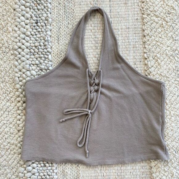 Kendall Kylie V-Neck Grey Ribbed Halter Tank Top Sleeveless Size Medium - Picture 1 of 7